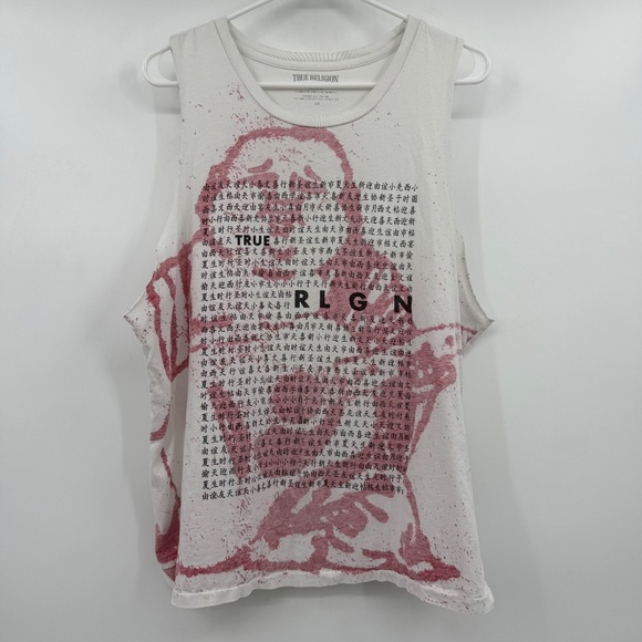 True Religion Tank Top Men Large White Red Buddha Kanji Sleeveless Lightweight - Picture 1 of 11